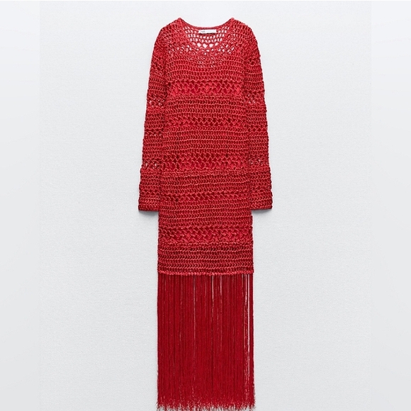 ZARA RED CROCHET KNIT DRESS WITH FRINGED HEM....BLOGGERS FAVORITE ✨️✨️SIZE S✨️ - Picture 2 of 5